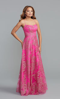 PromGirl Sequin-Print Long Bright Pink Prom Dress