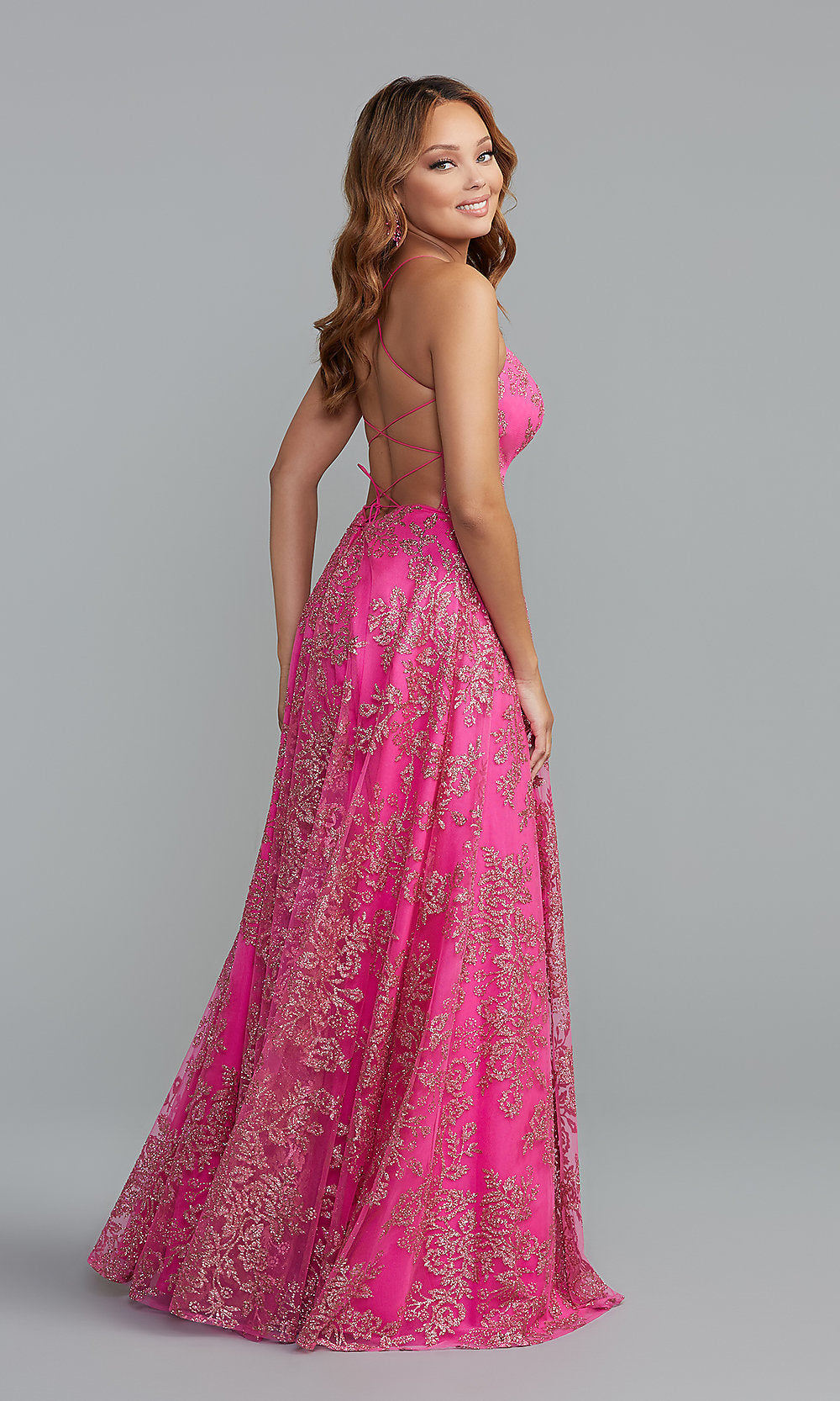 Long Pink Prom Dress with Sequin Print PromGirl
