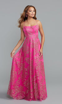 PromGirl Sequin-Print Long Bright Pink Prom Dress