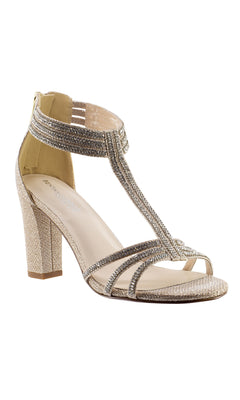 The Champagne Rhinestone Prom Shoes by Touch Ups 4527 is a single high-heeled sandal with a 2.75-inch heel, ankle strap, open toe, and glittery silver rhinestone detailing on the straps and heel, shown against a white background.