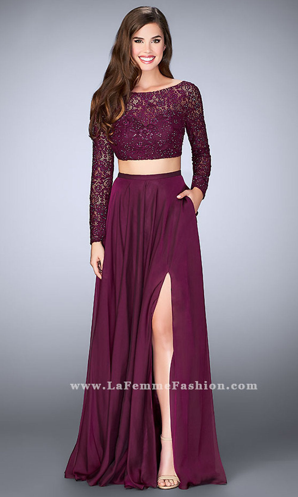 Two Piece Long Chiffon Prom Dress with Long Sleeves Garnet / 2