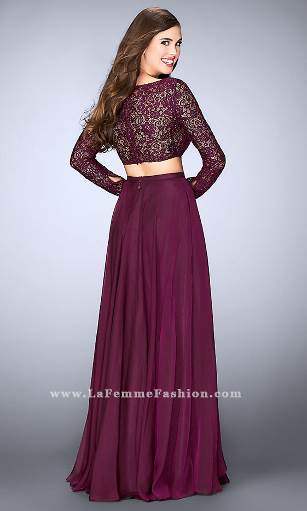 Two Piece Long Chiffon Prom Dress with Long Sleeves Garnet / 2