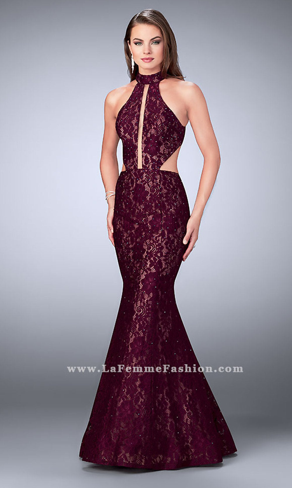 La Femme-La Femme Long Lace Prom Dress