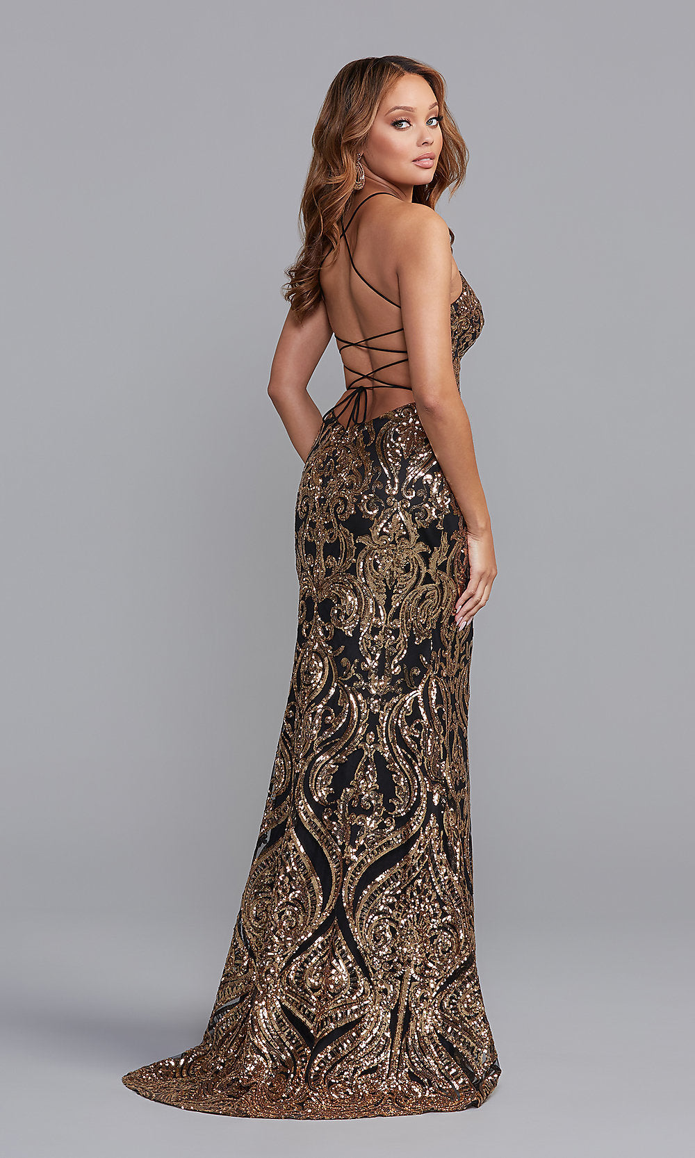 Sequin Long Strappy-Back Prom Dress by PromGirl