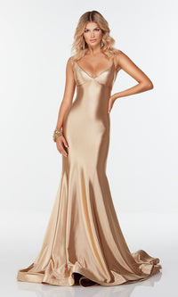 Satin Long Gold Prom Dress with Strappy Open Back