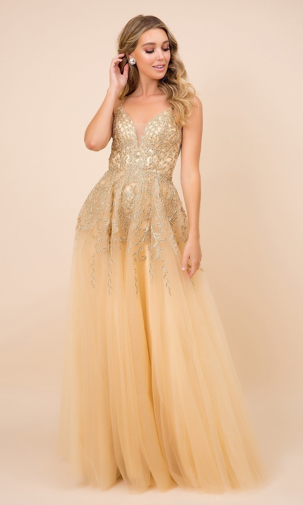 Embroidered Gold OpenBack Tulle Prom Dress PromGirl
