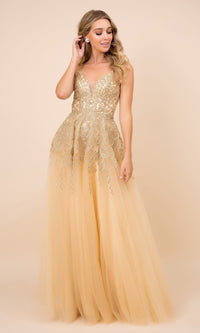 Embroidered Gold Sparkly Long Tulle Prom Dress