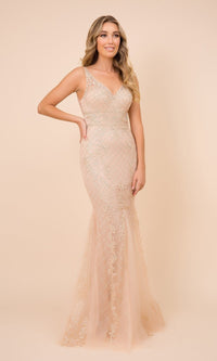 Embroidered-Tulle Long Prom Dress with Deep V-Back