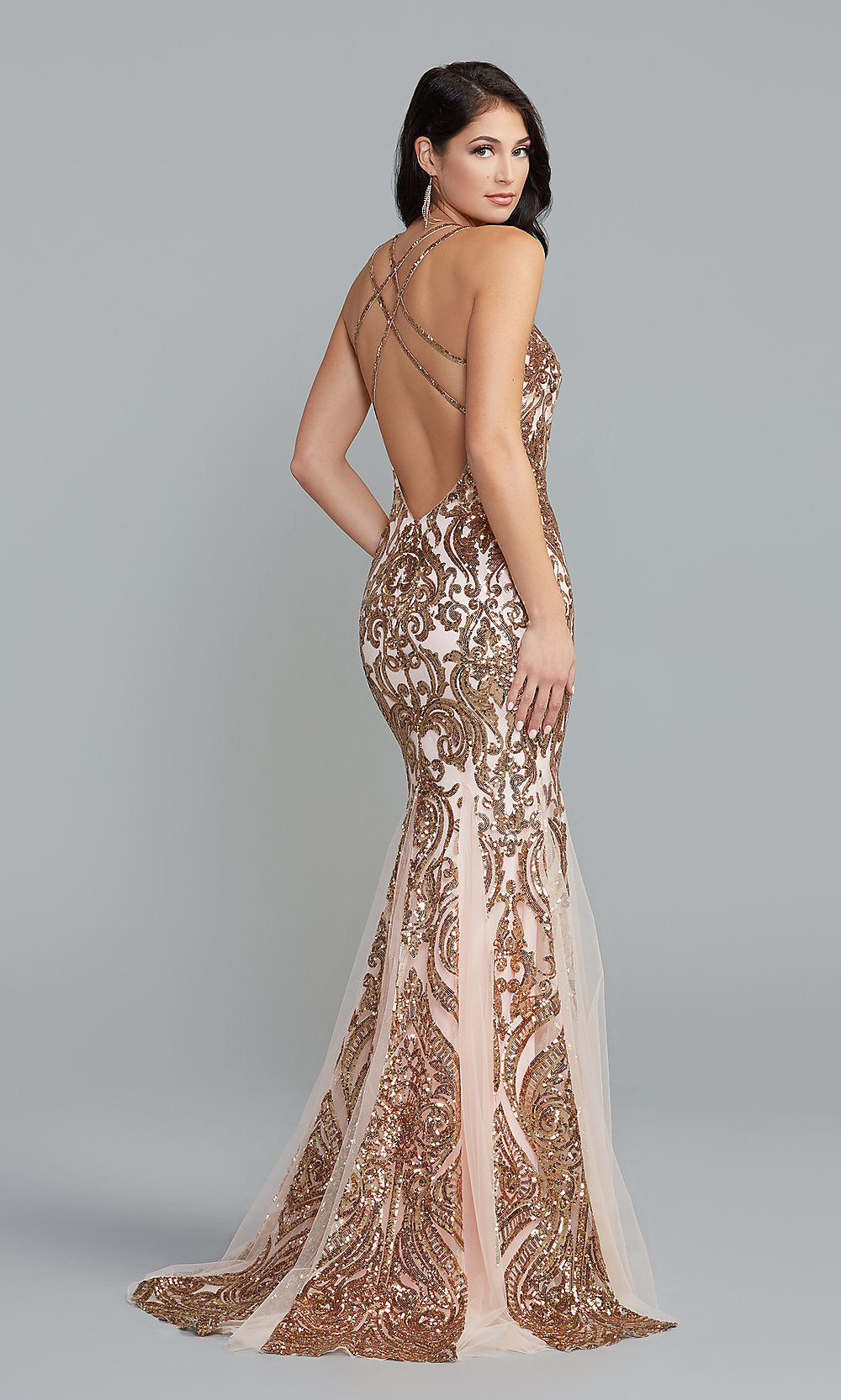 PromGirl Long Tight Prom Dress with Sequin Print