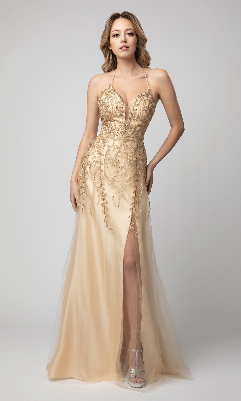 Corset-Back Long Beaded Prom Dress by Shail K