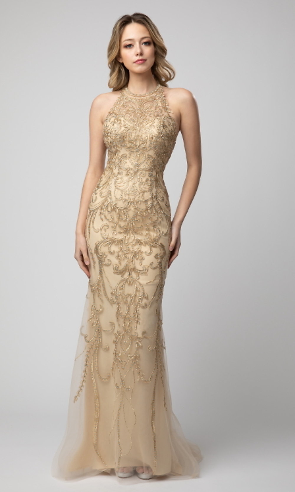 Shail K-Embroidered High-Neck Shail K Long Prom Dress