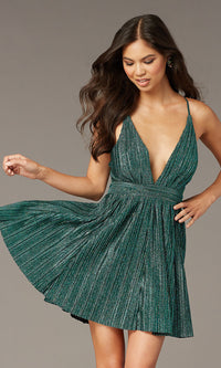 Luxxel Clothing-Metallic Short V-Neck Homecoming Green Party Dress
