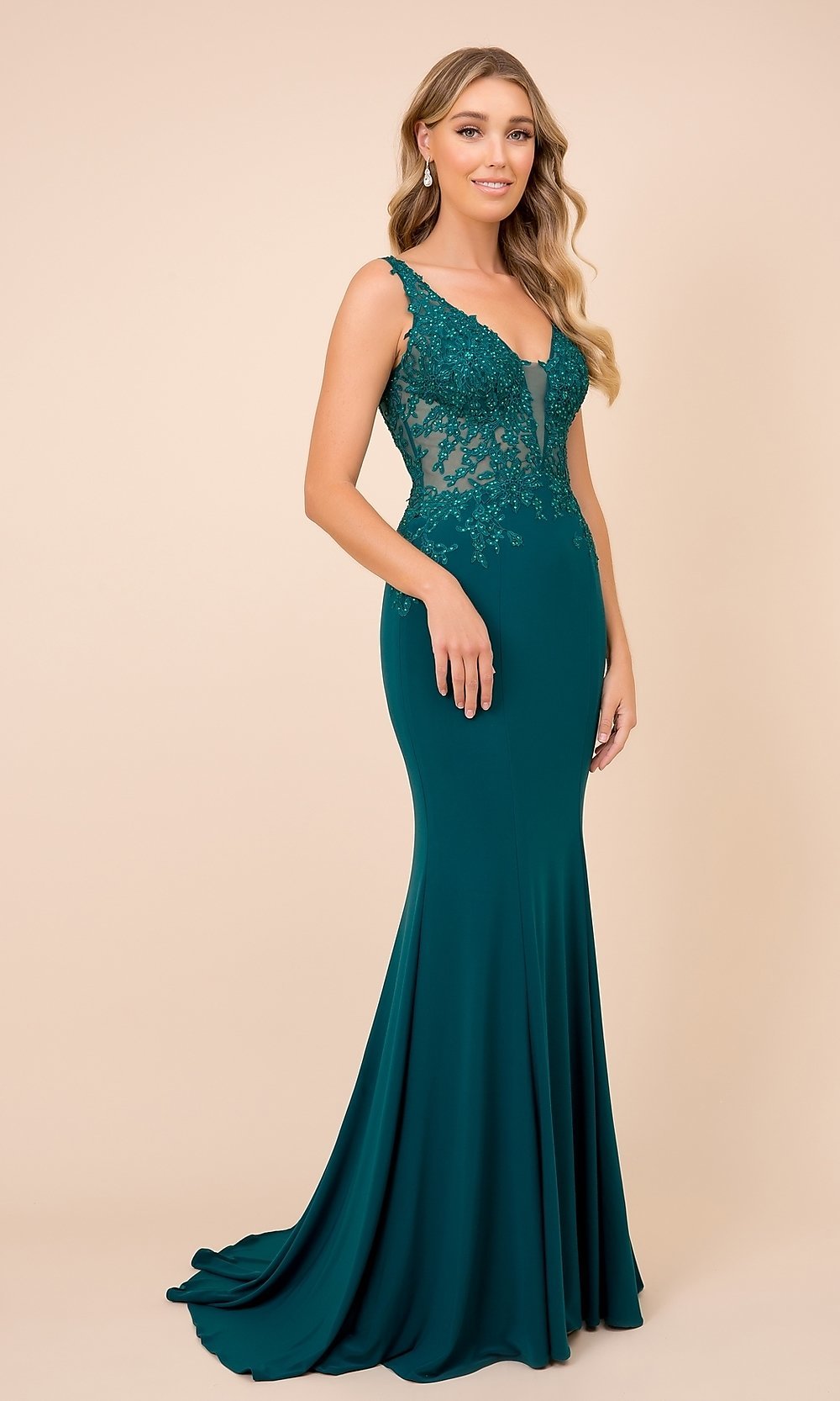 Embroidered Illusion-Bodice Long Prom Dress
