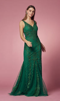 Embroidered-Tulle Long Prom Dress with Deep V-Back