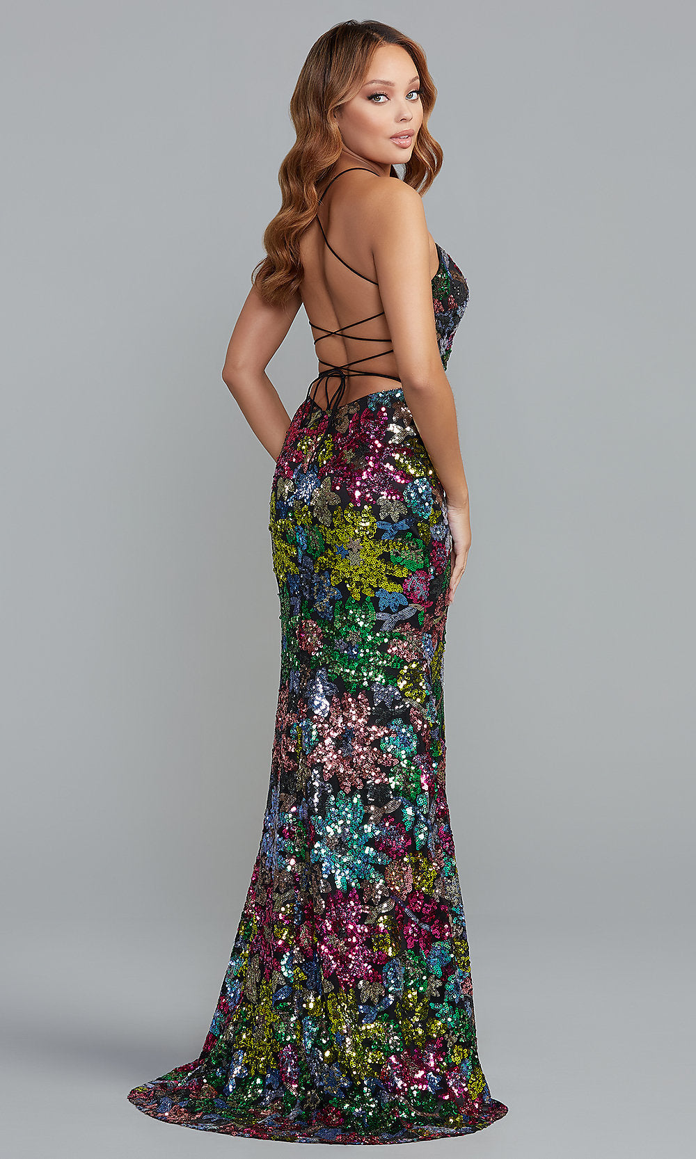 PromGirl Sequin-Print Long Open-Back Prom Dress