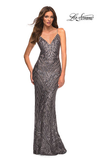 La Femme-Sequin-Print Long La Femme V-Neck Prom Dress