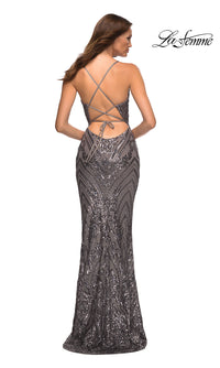 La Femme-Sequin-Print Long La Femme V-Neck Prom Dress