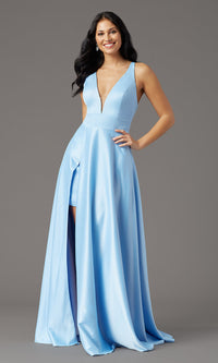Faux-Wrap Long Deep-V-Neck Prom Dress by PromGirl