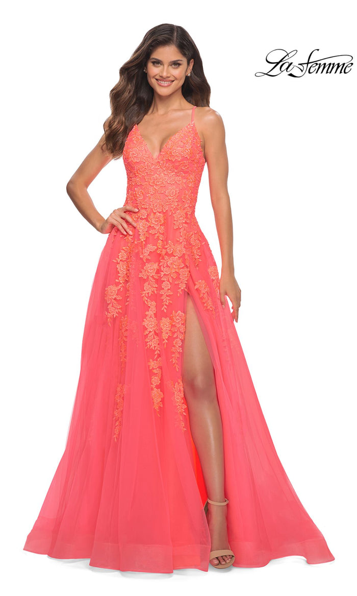 Hot Coral La Femme Open-Back Long Prom Ball Gown