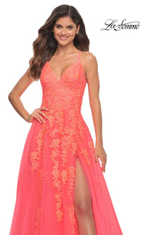 Hot Coral La Femme Open-Back Long Prom Ball Gown