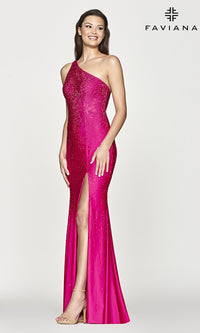 Faviana Beaded One-Shoulder Long Pink Prom Dress