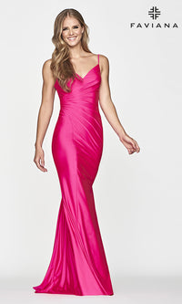 Long Lace-Up-Back Faviana Prom Dress in Hot Pink