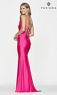 Faviana-Long Lace-Up-Back Faviana Prom Dress in Hot Pink
