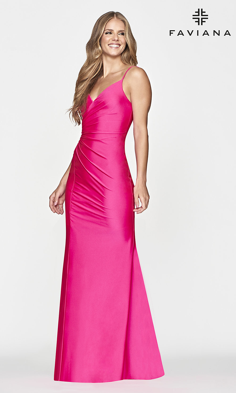 Faviana-Long Lace-Up-Back Faviana Prom Dress in Hot Pink