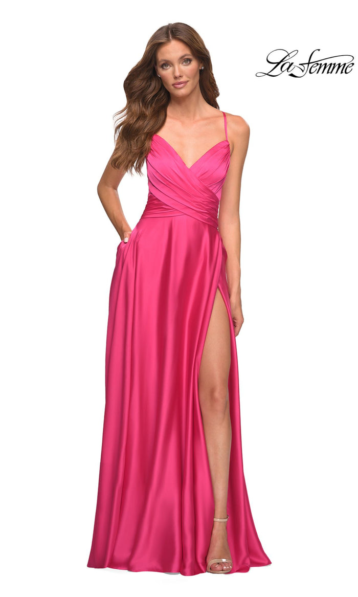 La Femme Backless Hot Pink Long Prom Dress
