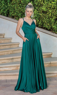 Dancing Queen-V-Neck Long A-Line Prom Dress with Pockets