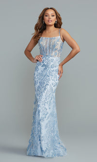 PromGirl Long Blue Glitter-Sequin Prom Dress