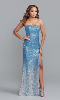 PromGirl Strapless Ice Blue Ombre Long Prom Dress