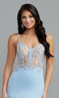 PromGirl Sequined-Sheer-Bodice Long Tight Prom Dress