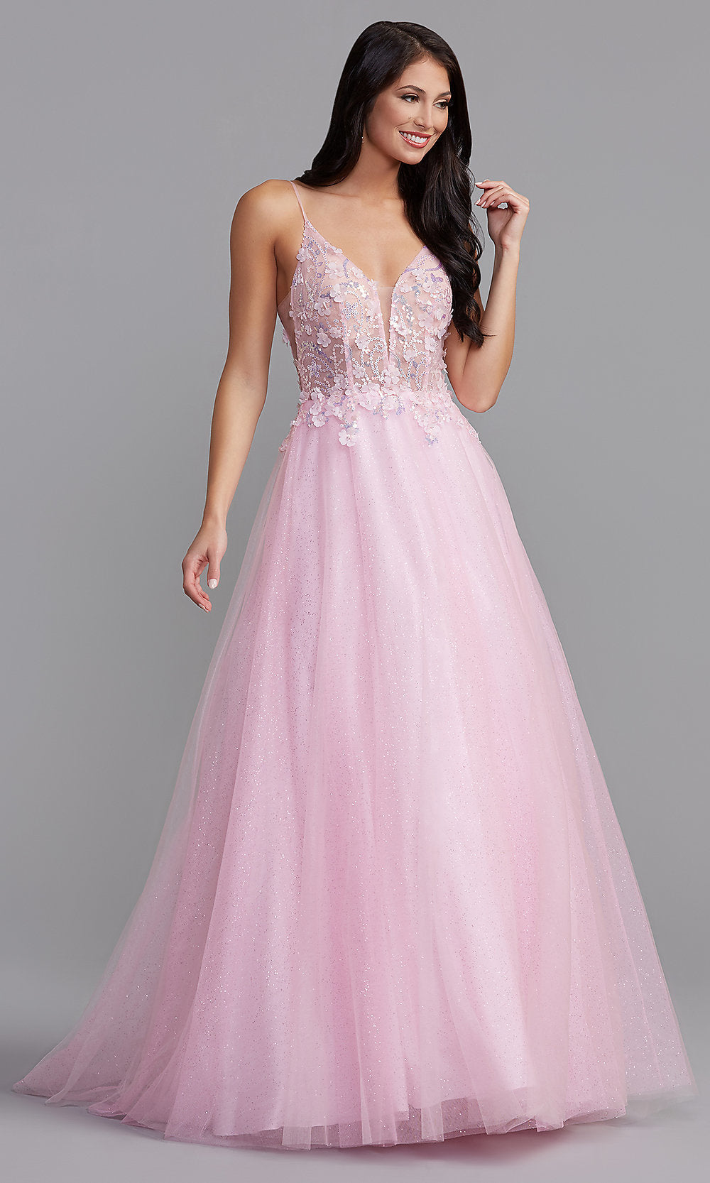 PromGirl Long Prom Ball Gown with Floral Accents