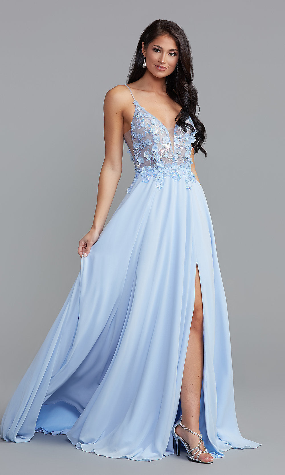 PromGirl Sheer-Bodice Prom Dress with Double Slits