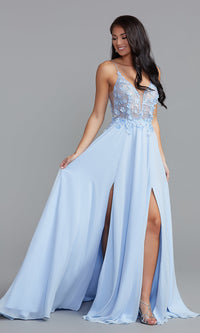 PromGirl Sheer-Bodice Prom Dress with Double Slits