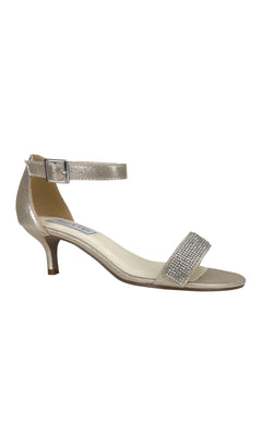 The Champagne Low Heel Prom Shoes 4333 by Touch Ups feature a metallic open toe, mid kitten heel, ankle strap with buckle, and rhinestone-embellished front strap—ideal for adding glam to your prom look.