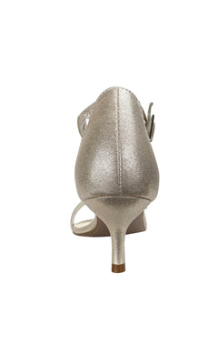 Rear view of Champagne Low Heel Prom Shoes 4333 by Touch Ups—metallic silver heeled sandals with a pointed toe, ankle strap, small buckle, and low champagne heels—ideal for proms or any special occasion.