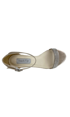 The Champagne Low Heel Prom Shoes 4333 by Touch Ups features a women's open-toe sandal with an ankle strap, rhinestone-embellished toe strap, and branded insole—ideal for prom or special occasions.