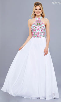 Long Halter Prom Dress with Embroidered Bodice