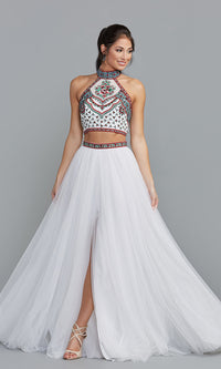 Embroidered-Top Two-Piece Long Halter Prom Dress