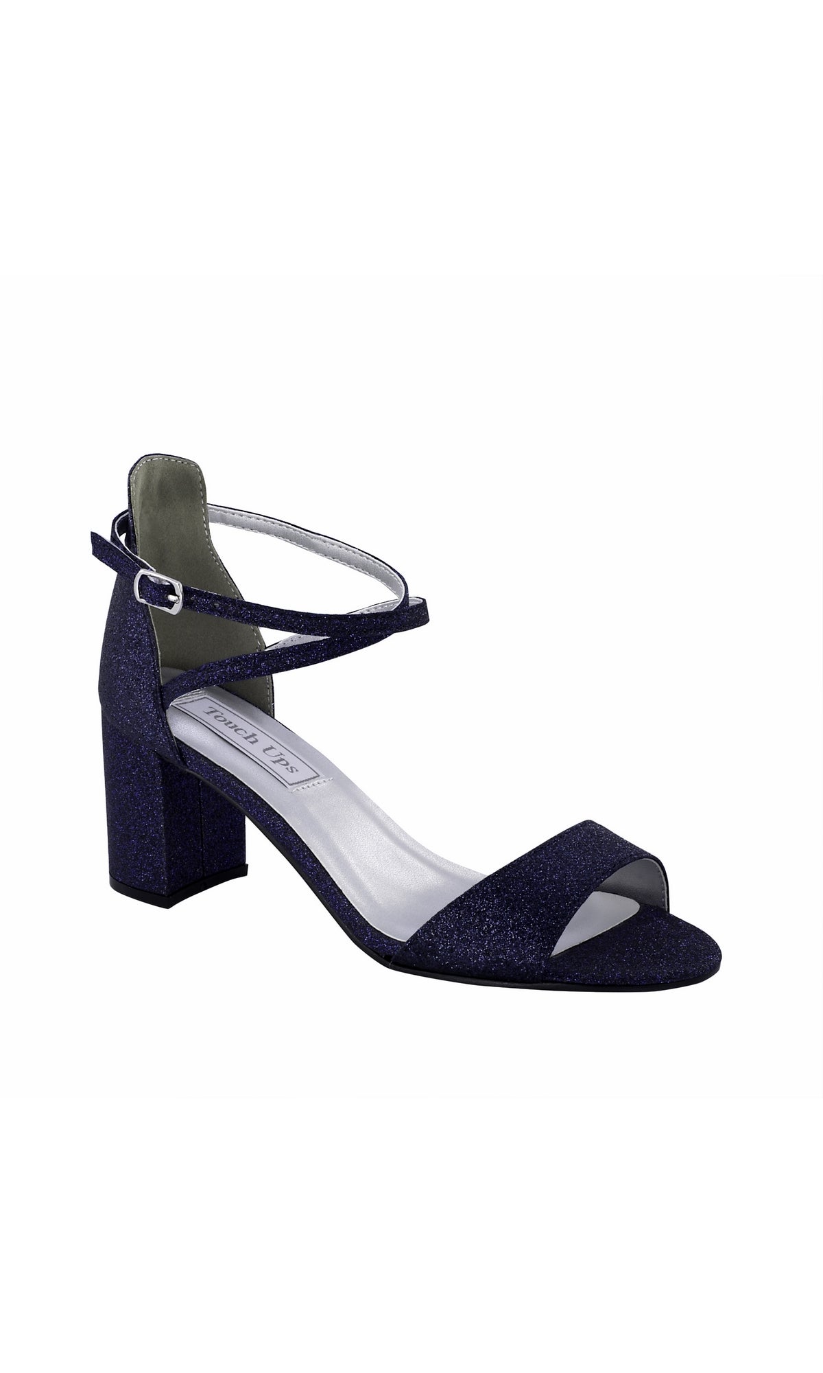 The Jackie Navy Blue Prom Shoes 4273 are dark blue, open-toe block heel sandals with an ankle strap and buckle—ideal for a chic evening look. Displayed on a white background, they're perfect as stylish navy blue prom shoes.