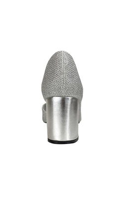 The Joy Peep-Toe Silver Pump 4358 features a metallic block heel and peep-toe design, pictured from the rear against a white background.