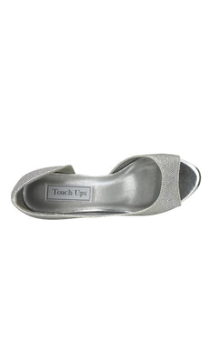 A top view of the Joy Peep-Toe Silver Pump 4358 with a "Touch Ups" label on the insole, displayed against a white background.