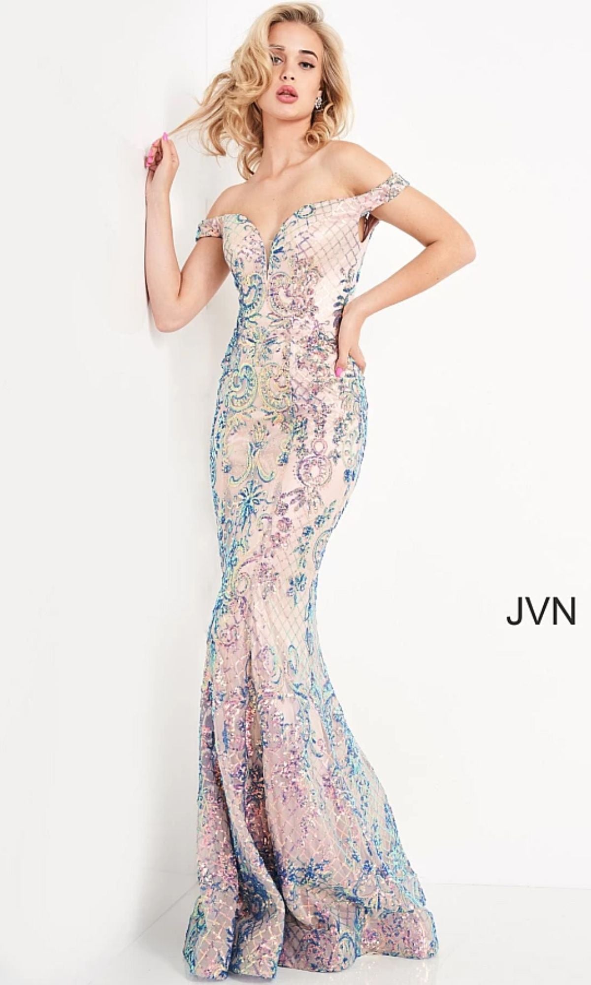 Off-the-Shoulder V-Neck Prom Dress with Sequin Print
