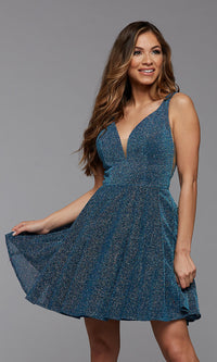 Promgirl Private Label-Lakeside Blue Glitter Short A-Line Homecoming Dress