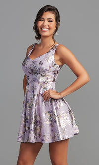 Glitter Floral-Print Short Purple Homecoming Dress