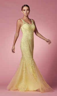 Embroidered-Tulle Long Prom Dress with Deep V-Back