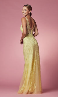 Embroidered-Tulle Long Prom Dress with Deep V-Back