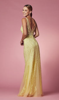 Narianna-Embroidered-Tulle Long Prom Dress with Deep V-Back